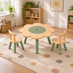 Twinboomy Flower Shaped Kids Table with 2 Chairs, showing green splayed legs and two round-seat chairs in a sunlit kids room.