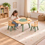 Twinboomy Flower Shaped Kids Table with 2 Chairs: curved wooden chair backs beside a child drawing on a patterned rug.