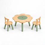 Twinboomy Flower Shaped Kids Table with 2 Chairs pairs green splayed legs with two round-seat chairs viewed from the front.