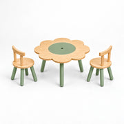 Twinboomy Flower Shaped Kids Table with 2 Chairs pairs green splayed legs with two round-seat chairs viewed from the front.