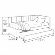 Twincelo Taupe Kids Trundle Bed size sketch showing an extended front trundle; 210 cm long, 100 cm wide and 100 cm high.
