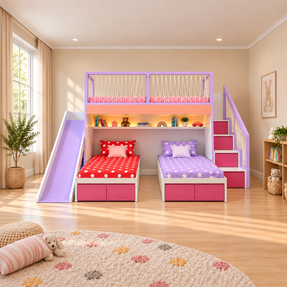 Twipinko Kids Bunk Bed with Slide and Storage beside a playroom window, featuring pink storage stairs and a purple slide.