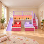 Twipinko Kids Bunk Bed with Slide and Storage beside a playroom window, featuring pink storage stairs and a purple slide.