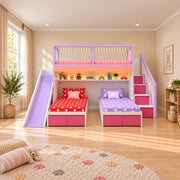 Twipinko Kids Bunk Bed with Slide and Storage beside a playroom window, featuring pink storage stairs and a purple slide.