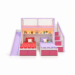 Twipinko Kids Bunk Bed with Slide and Storage shown with a purple slide, lit display shelving and upper bunk guardrails.
