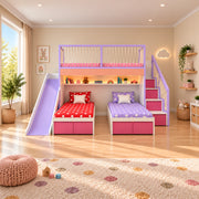 Twipinko Kids Bunk Bed with Slide and Storage, detailed with a purple slide and two lower beds beside a playroom window.