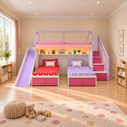 Twipinko Kids Bunk Bed with Slide and Storage brings together two lower beds and a purple slide beside a playroom window.
