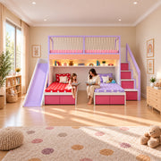 Twipinko Kids Bunk Bed with Slide and Storage in a bedroom with an adult and child seated below, showing a purple slide.