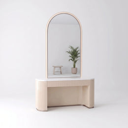 Alternate view of Valsina Beige Fluted Salon Mirror Station, showing arched mirror in a clean, contemporary salon setting.