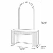 Valsina Beige Fluted Salon Mirror Station drawing with an open central leg space, labelled 120 cm wide and 200 cm high.