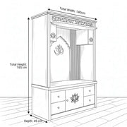 Vanya Premium Wooden Finish Home Pooja Mandir size guide lists 140 W x 45 D x 165 H cm to help plan fit in the prayer room.