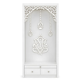 Vedika Premium White Pooja Mandir with Om & Peacock Motif