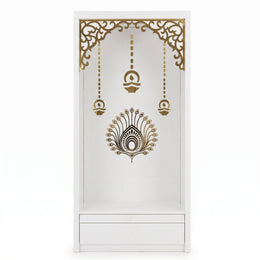 Alternate view of Vedika Premium White Pooja Mandir with Om & Peacock Motif, showing peacock Motif with Decorative Jali Arch.
