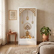 Vedika Premium White Pooja Mandir with Om & Peacock Motif