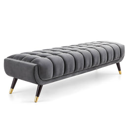 Alternate view of Velluto Grey Upholstered Bench, showing channel tufting and plush upholstery in a modern home setting.