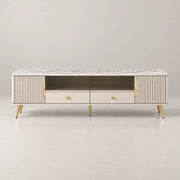 Vendrilosa White Marble Top TV Unit brings together angled gold-tone legs and two lower drawers against a grey backdrop.