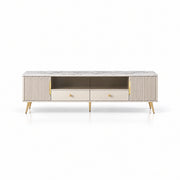 Vendrilosa White Marble Top TV Unit combines angled gold-tone legs with dark glass centre doors against a white backdrop.