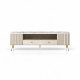 Vendrilosa White Marble Top TV Unit combines angled gold-tone legs with dark glass centre doors against a white backdrop.