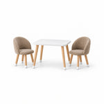 Vevory White Kids Table with 2 Beige Chairs shown with curved upholstered backs, light wood legs and white-tipped feet.