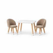 Vevory White Kids Table with 2 Beige Chairs shown with curved upholstered backs, light wood legs and white-tipped feet.