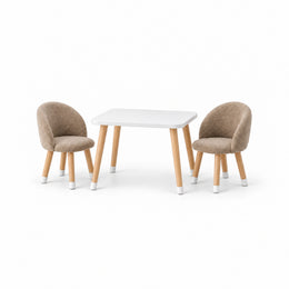 Vevory White Kids Table with 2 Beige Chairs shown with curved upholstered backs, light wood legs and white-tipped feet.