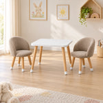 Vevory White Kids Table with 2 Beige Chairs brings together white-tipped feet and light wood legs in a sunlit kids room.