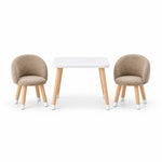 Vevory White Kids Table with 2 Beige Chairs in a straight-on view, featuring a white square tabletop and light wood legs.