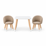 Vevory White Kids Table with 2 Beige Chairs in a straight-on view, featuring a white square tabletop and light wood legs.