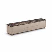 Vicindola Marble Top TV Unit, detailed with short recessed feet and taupe cupboard fronts against a white backdrop.