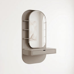 Alternate view of Wamounty Beige Salon Mirror Station, showing large rounded mirror and multiple side storage shelves.