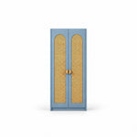 Webinora Blue 2 Door Wooden Cane Wardrobe against a white backdrop, showing arched woven panels alongside two blue doors.