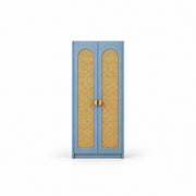 Webinora Blue 2 Door Wooden Cane Wardrobe against a white backdrop, showing arched woven panels alongside two blue doors.
