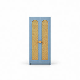 Webinora Blue 2 Door Wooden Cane Wardrobe against a white backdrop, showing arched woven panels alongside two blue doors.