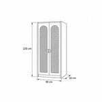 Webinora Blue 2 Door Wooden Cane Wardrobe: 90 × 55 × 220 cm, with arched woven panels outlined in the size diagram.