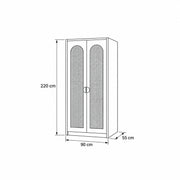 Webinora Blue 2 Door Wooden Cane Wardrobe: 90 × 55 × 220 cm, with arched woven panels outlined in the size diagram.