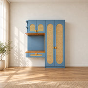 Webinora Blue Wooden Cane Wardrobe with Dressing Table, detailed with a single lower drawer beside a bedroom window.