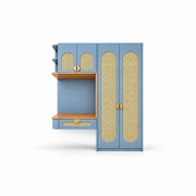 Webinora Blue Wooden Cane Wardrobe with Dressing Table featuring a wood-tone dressing desk against a white backdrop.