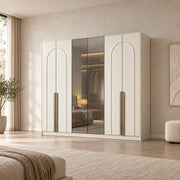Weltwiyo 6 Door Wooden Wardrobe combines reflective central panels with slender arch detailing beside a bedroom window.