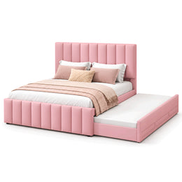 Werlisori Pink Kids Trundle Bed, with coordinated upholstery and a matching padded footboard against a white backdrop.