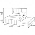 Werlisori Pink Kids Trundle Bed dimension guide with a tall panelled headboard and labels of 210 cm long and 100 cm high.