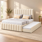 Werlisori Cream Kids Trundle Bed combines a tall panelled headboard with coordinated upholstery beside a bedroom window.