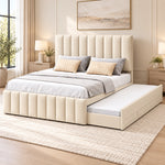 Werlisori Cream Kids Trundle Bed pairs coordinated upholstery with a matching padded footboard beside a bedroom window.