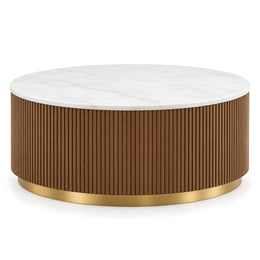 Alternate view of Wilderona White Marble Coffee Table, showing round profile in a clean, contemporary living room setting.