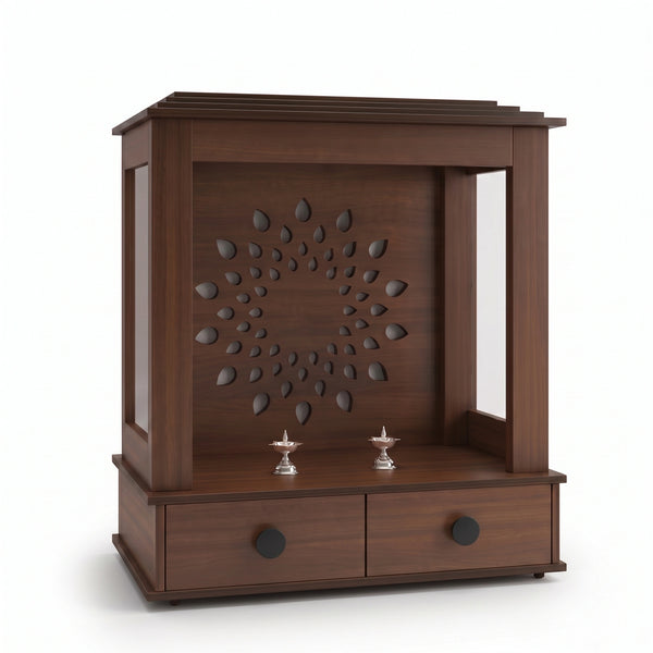 Alternate view of Aarav Premium Wooden Finish Pooja Mandir, showing contemporary Temple Structure with Lotus Leaf Pattern.