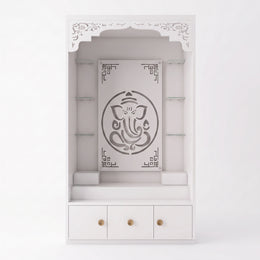 Second view of Aarohi Premium Finish Pooja Mandir with Ganesha Panel, highlighting glass Shelves & Storage Drawers.
