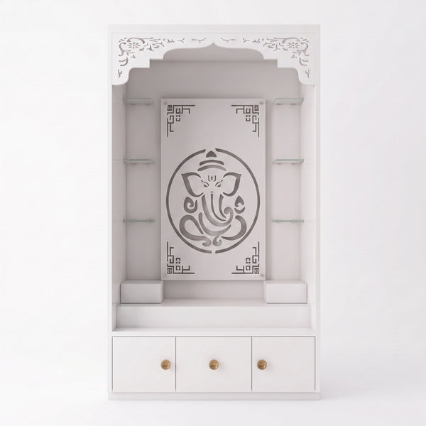 Second view of Aarohi Premium Finish Pooja Mandir with Ganesha Panel, highlighting glass Shelves & Storage Drawers.