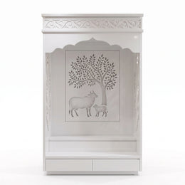 Alternate view of Prakriti Premium Finish Pooja Mandir with Tree of Life, showing cow & Calf in a balanced home interior.