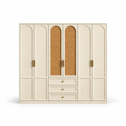 Wratinora 6 Door Wooden Wardrobe with Drawers: a broad six-door front, central cane panels and three lower drawers.