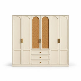 Wratinora 6 Door Wooden Wardrobe with Drawers: a broad six-door front, central cane panels and three lower drawers.