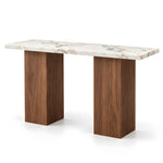 Yorkosta console table showing its slim marble top and twin wood-tone supports with a modern, balanced contemporary design.